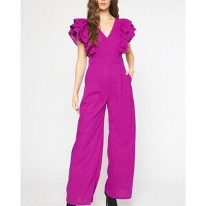 entro V-Neck Ruffle Sleeve Jumpsuit in Magenta